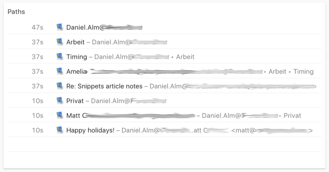Screenshot, der zeigt, wie Timing die in Mail.app verbrachte Zeit erfasst