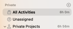 The top of the Timing sidebar with All Activities, Unassigned and Private Projects and their tracked durations