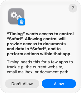 The macOS dialog Timing wants access to control Safari, with Don't Allow and Allow buttons