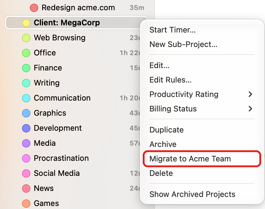 The context menu of a private project with Migrate to Acme Team