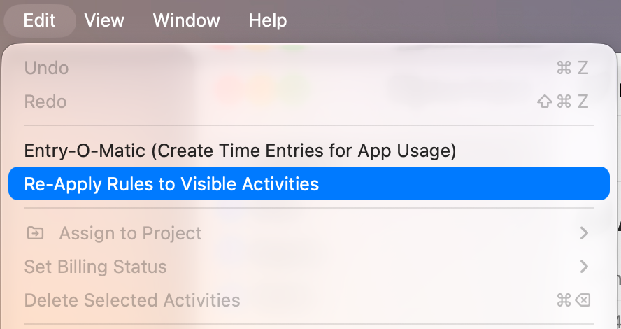 The Edit menu with Re-Apply Rules to Visible Activities highlighted