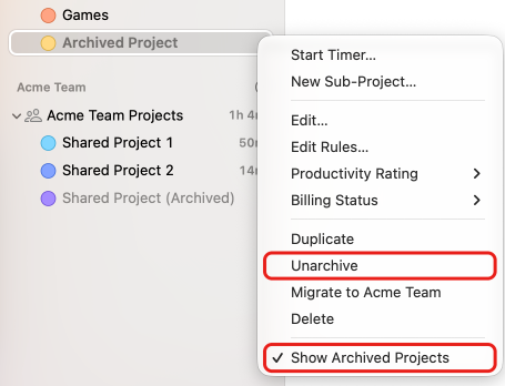 An archived project shown dimmed in the project list, with its context menu offering Unarchive and a checked Show Archived Projects