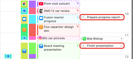 The completed reminders Prepare progress report and Finish presentation on the timeline, each with a checkmark