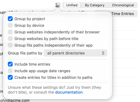 The activity list settings popover with grouping options such as Group by project and Include time entries