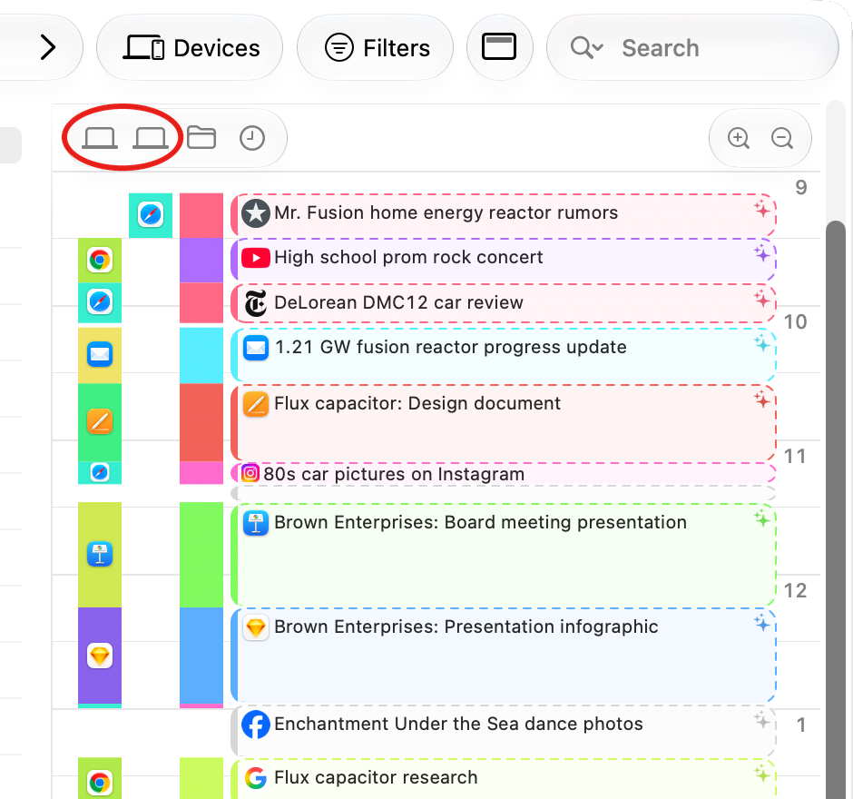 The vertical timeline with the icons of its two device columns, for two Macs, highlighted