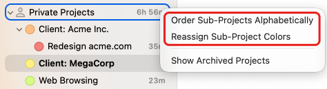 The context menu of a parent project in the project list with Order Sub-Projects Alphabetically and Reassign Sub-Project Colors
