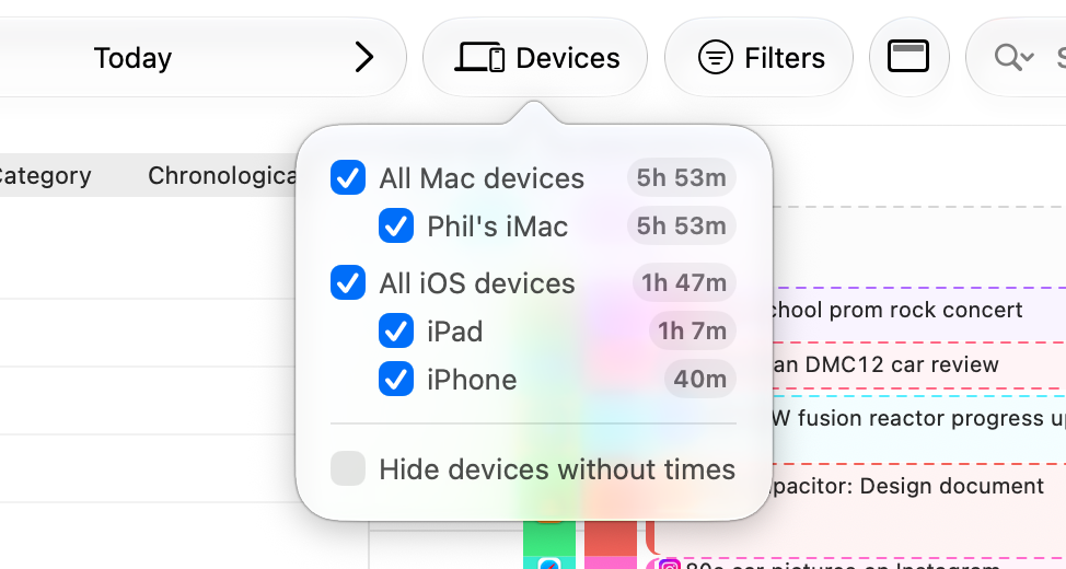 The Devices popover in the toolbar with checkboxes for all Mac and iOS devices and for each individual device