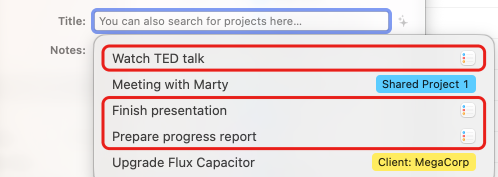 The title suggestions of a new time entry, with the reminder titles Watch TED talk, Finish presentation and Prepare progress report among them