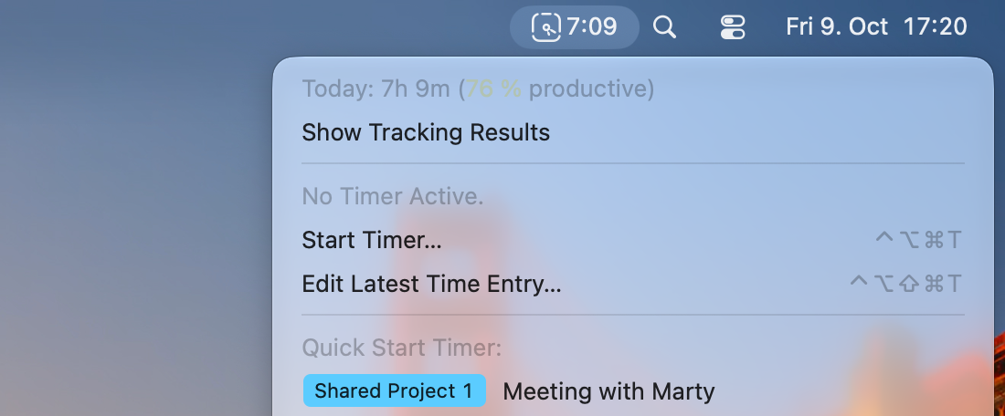 The Timing menu bar item opened, showing the time tracked today and the productivity score, Show Tracking Results, Start Timer and a quick start list