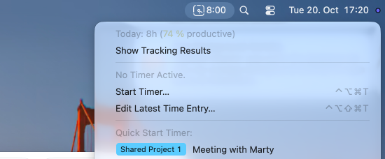 The Timing menu bar item opened, showing the time tracked today and the productivity score, Show Tracking Results, Start Timer and a quick start list