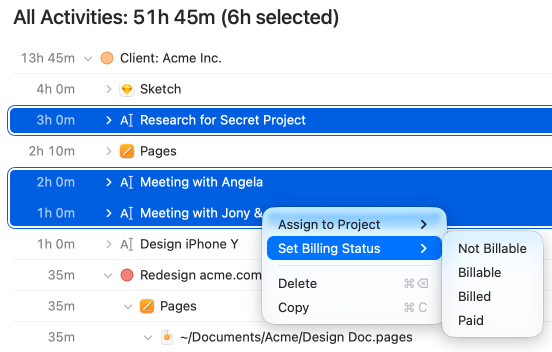 Three time entries selected in the activity list, with the Set Billing Status submenu open in their context menu