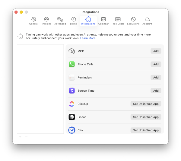 The Integrations preferences pane with the list of available integrations; MCP is the first entry, with an Add button