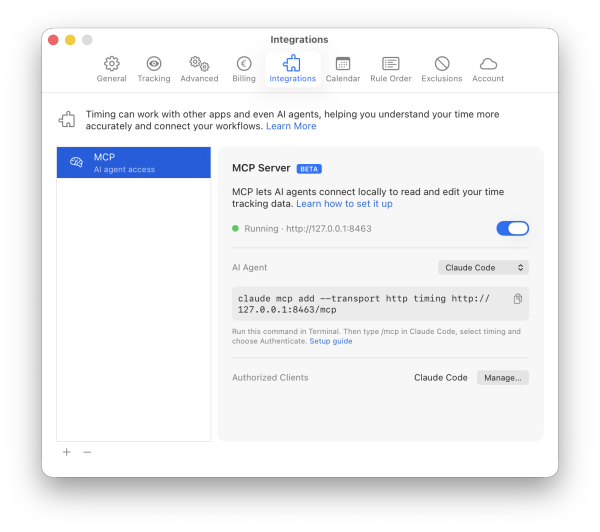 The MCP Server settings: the Enabled switch with the server status, the AI Agent menu with the Claude Code setup command and its copy button, and the authorized clients with the Manage button