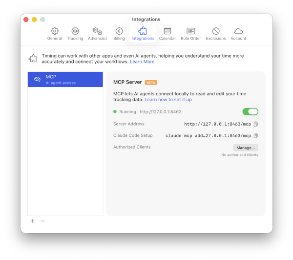 The MCP Server settings: the Running toggle with the local address, the Server Address and Claude Code Setup fields with copy buttons, and the Manage button for authorized clients