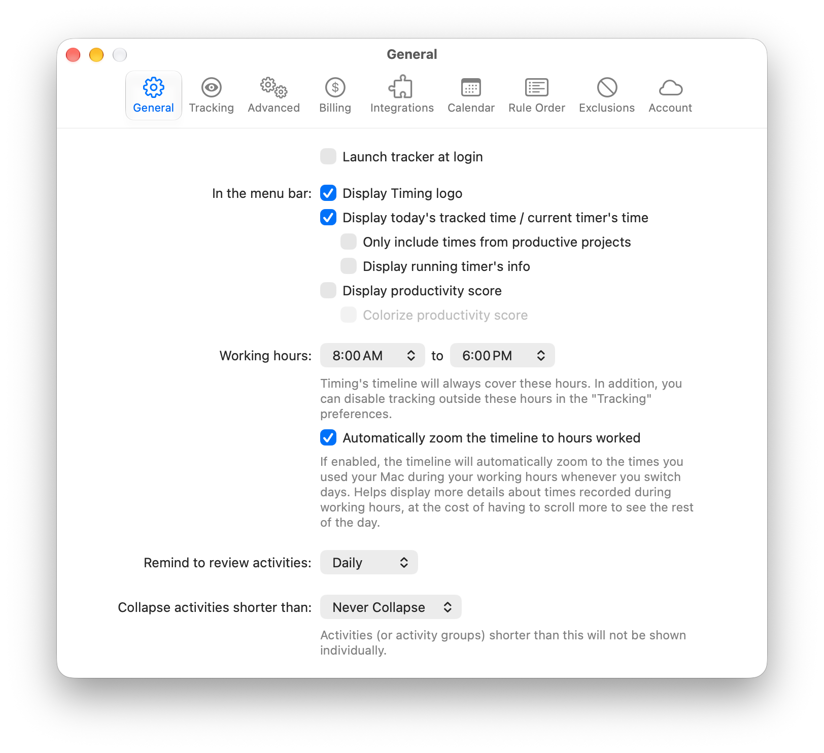 The General preferences with launch at login, menu bar display, working hours, review reminders and activity collapsing options