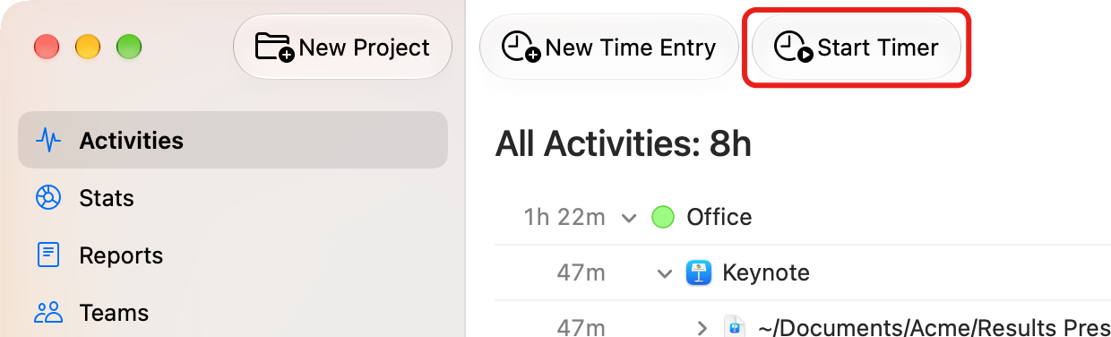 The Timing toolbar with the Start Timer button highlighted next to New Time Entry