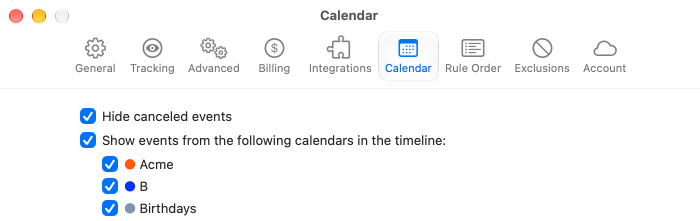 The Calendar preferences with Show events from the following calendars in the timeline and a list of calendars to check
