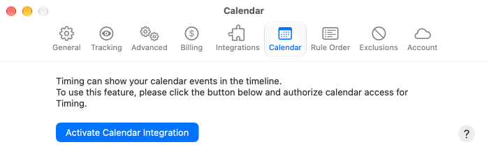 The Calendar preferences pane with the Activate Calendar Integration button