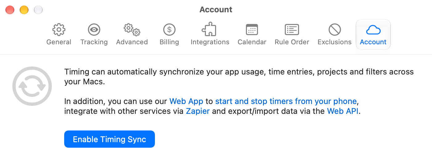 The Account preferences pane with the Enable Timing Sync button