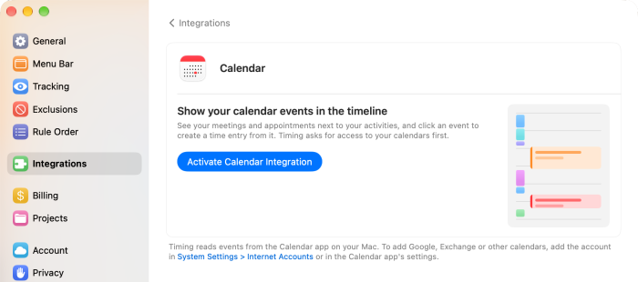 The Calendar page in the Integrations settings with Show your calendar events in the timeline and the Activate Calendar Integration button