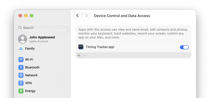 The Device Control and Data Access section of Privacy & Security in System Settings on macOS 27, with Timing Tracker.app turned on