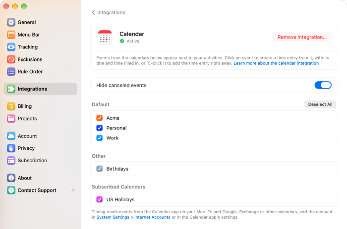 The Calendar page with the calendars of each account, their checkboxes and Hide canceled events