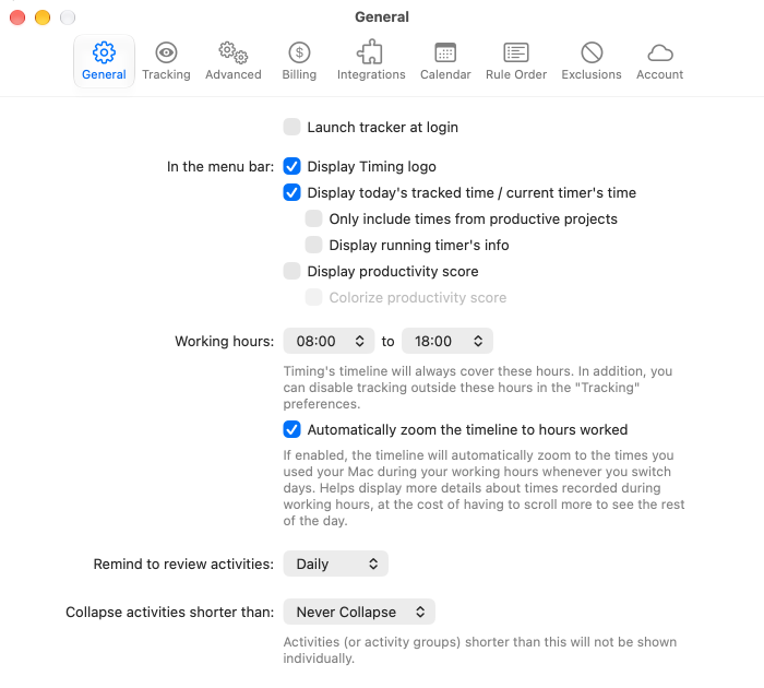 The General preferences with launch at login, menu bar display, working hours, review reminders and activity collapsing options