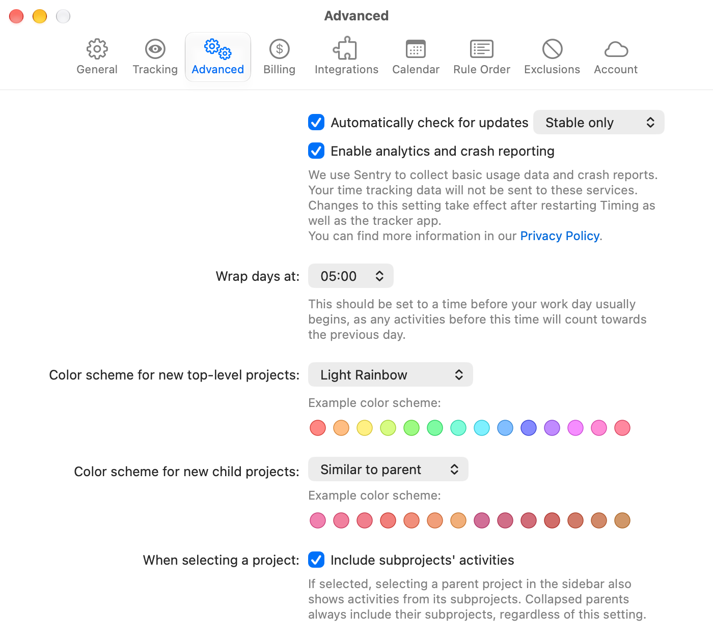 The Advanced preferences with update checks, analytics, day wrap time, color schemes and the subprojects option