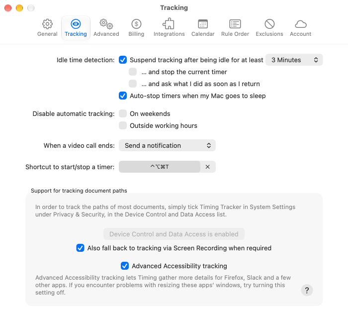 The Tracking preferences with idle time detection, disabling automatic tracking, video call notifications, the timer shortcut and accessibility options