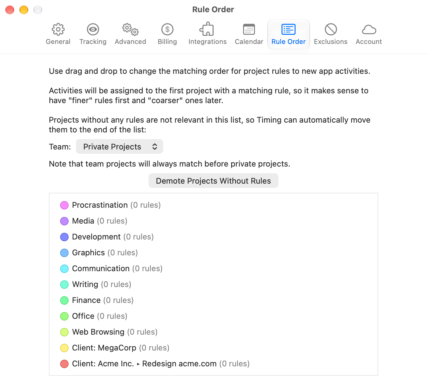 The Rule Order preferences pane listing projects with their rule counts and the Demote Projects Without Rules button
