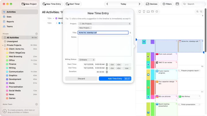 The New Time Entry popover prefilled from a calendar event, next to the timeline showing app usage and calendar events