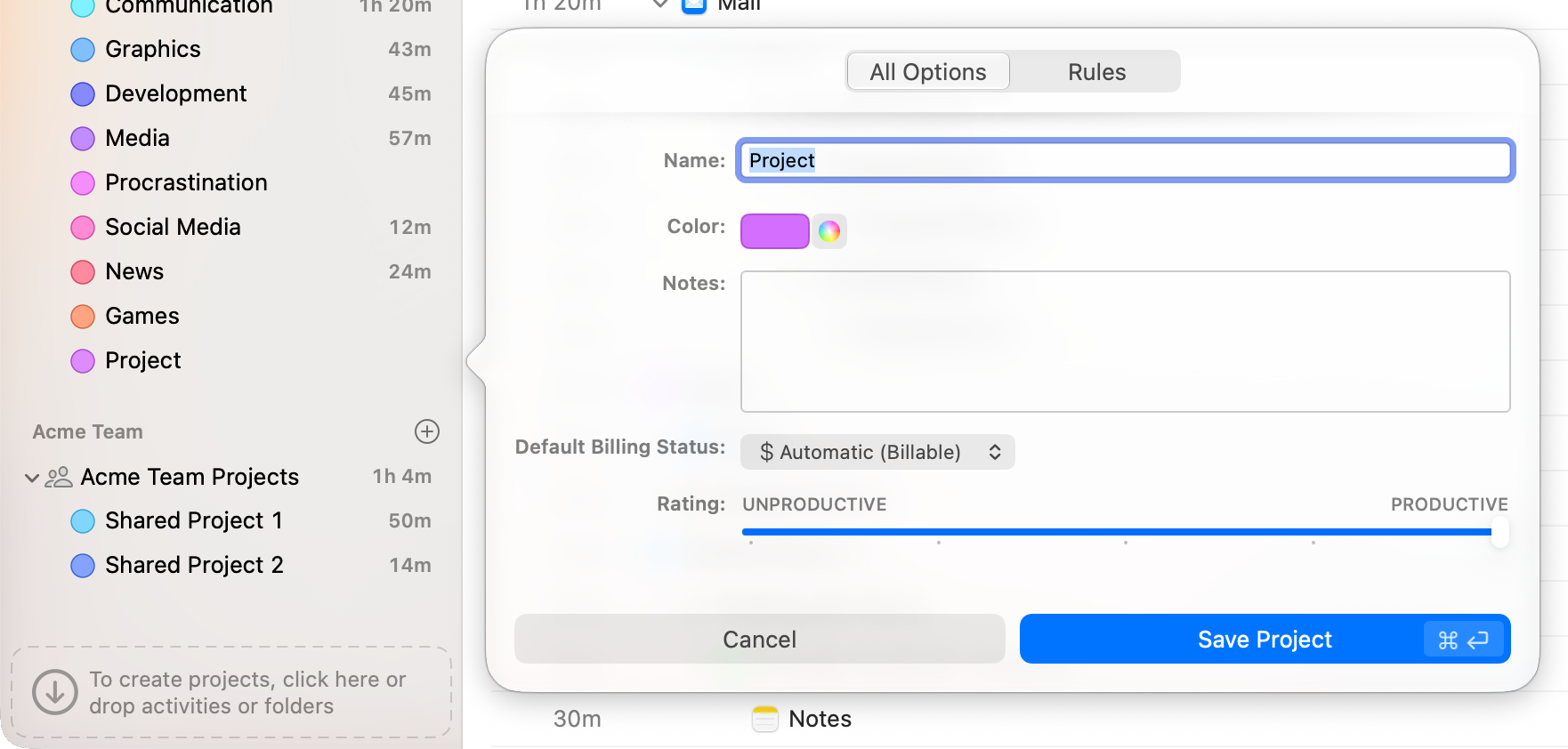 The project editor popover with the All Options and Rules tabs, showing name, color, notes, default billing status and the productivity rating slider