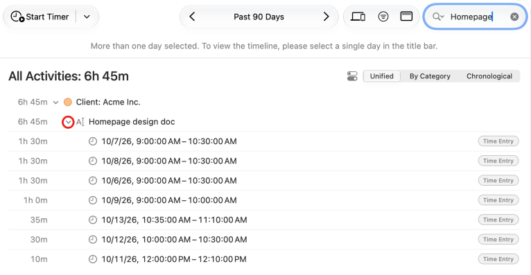 The activity list over Past 90 Days, searched for Homepage, with the time entry Homepage design doc expanded to its seven occurrences