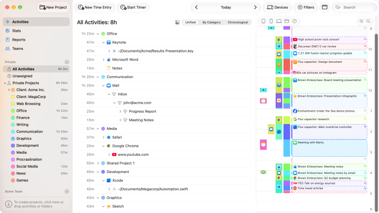 The Activities screen: project sidebar, the unified activity list grouped by project and app, and the timeline with time entry suggestions on the right