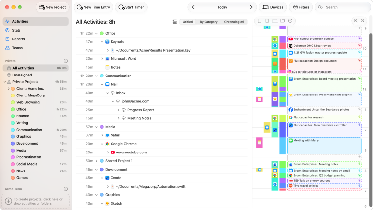 The Activities screen: project sidebar, the unified activity list grouped by project and app, and the timeline with time entry suggestions on the right