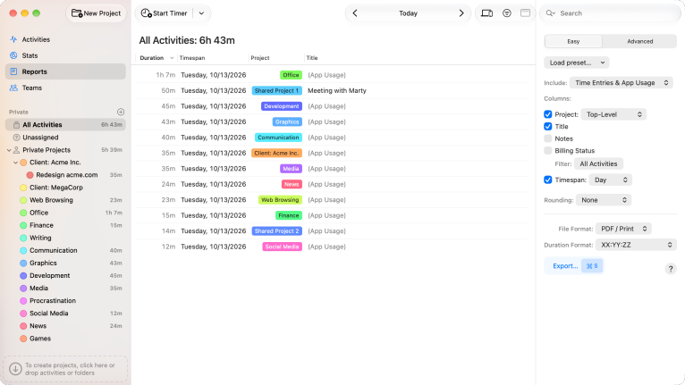 The Reports screen in Easy mode, listing time per project with the Include, Columns and File Format options on the right