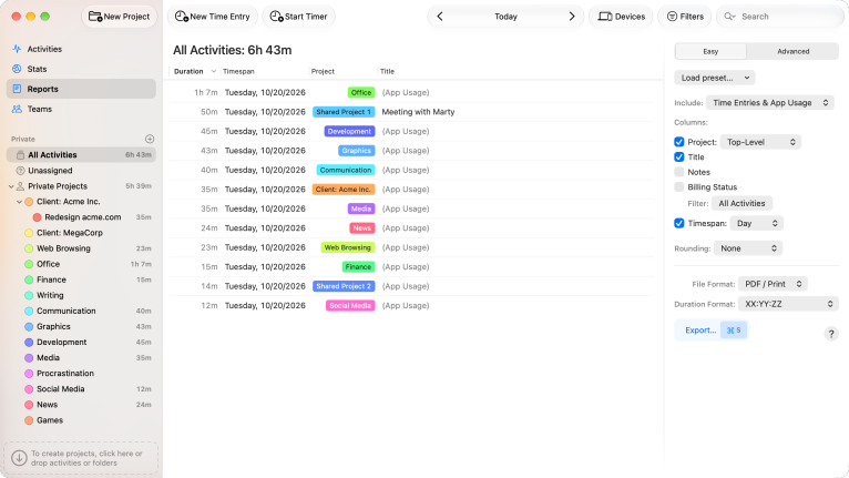 The Reports screen in Easy mode, listing time per project with the Include, Columns and File Format options on the right