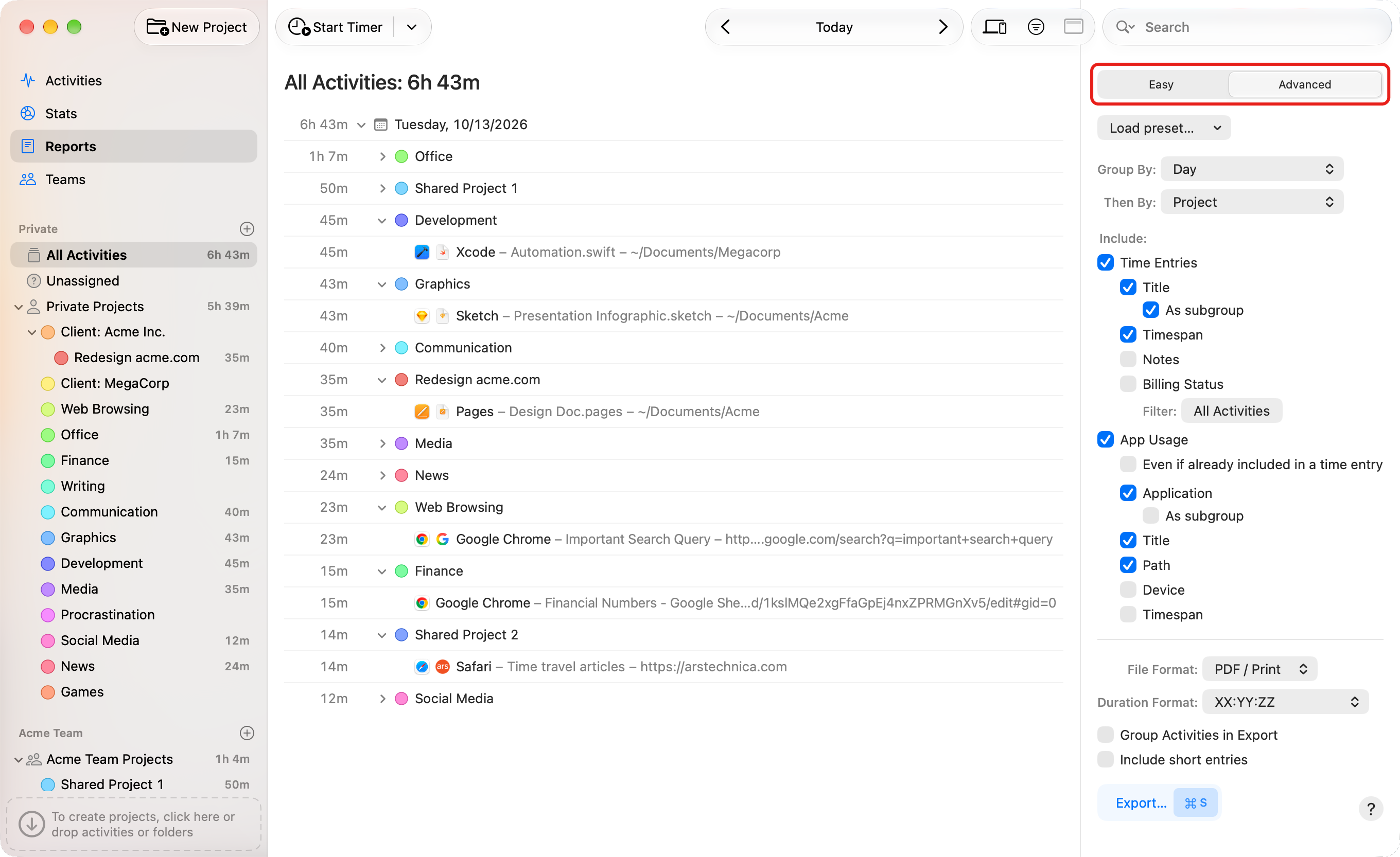 The Reports screen in Advanced mode, grouping by day and then by project, with the Include and export options on the right