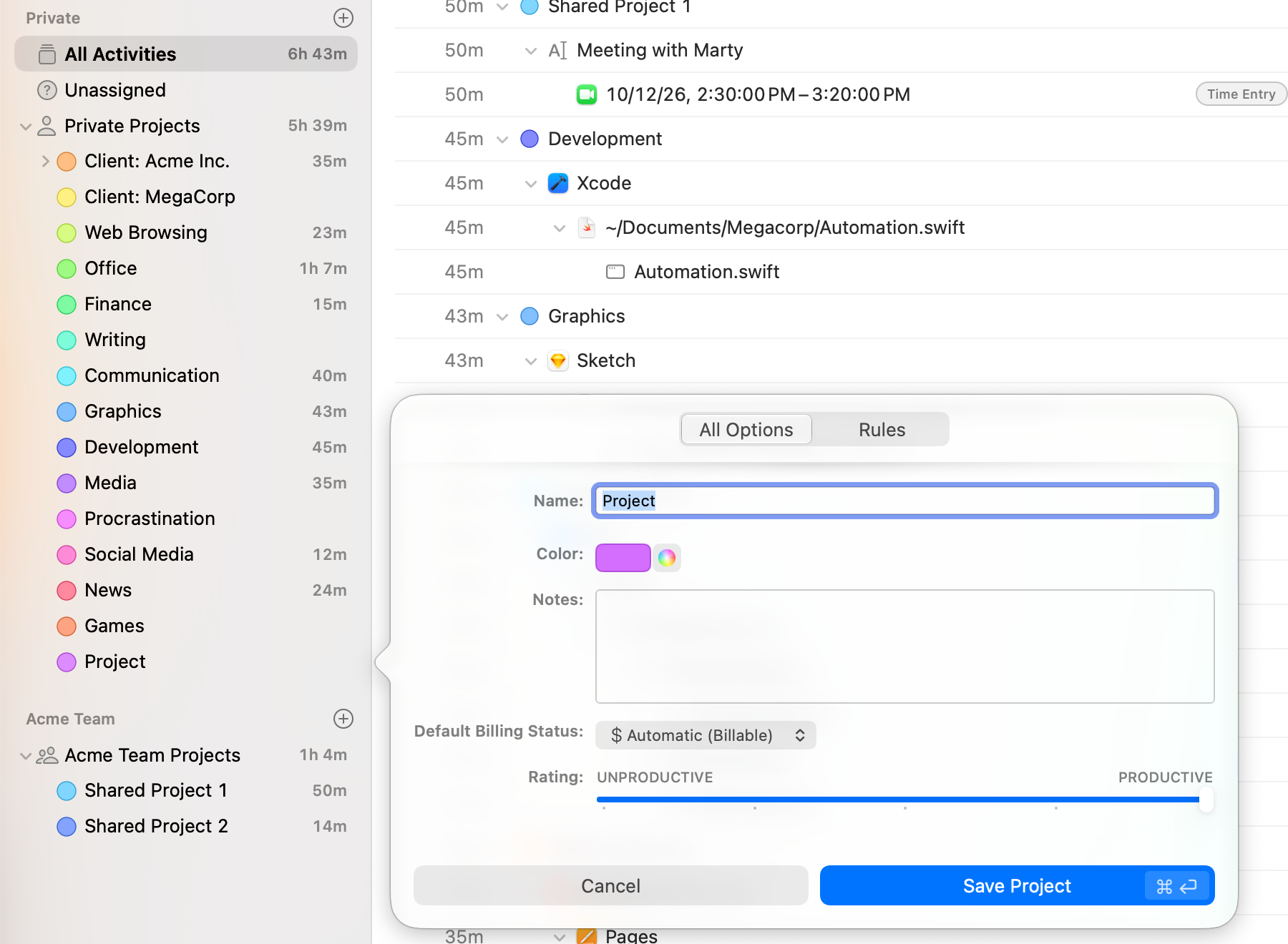 The project editor popover with the All Options and Rules tabs, showing name, color, notes, default billing status and the productivity rating slider