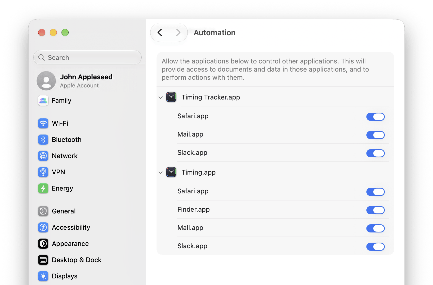 The Automation section of Privacy & Security in System Settings, with Timing Tracker.app and Timing.app allowed to control Safari, Mail, Finder and Slack