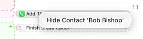 The context menu of a phone call on the timeline, offering Hide Contact for that caller