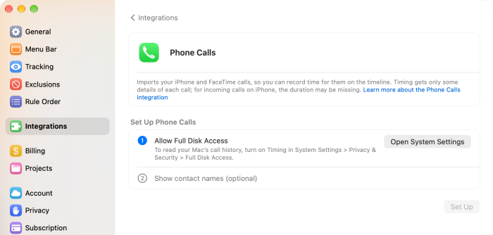 The Phone Calls page in the Integrations settings with its numbered setup steps