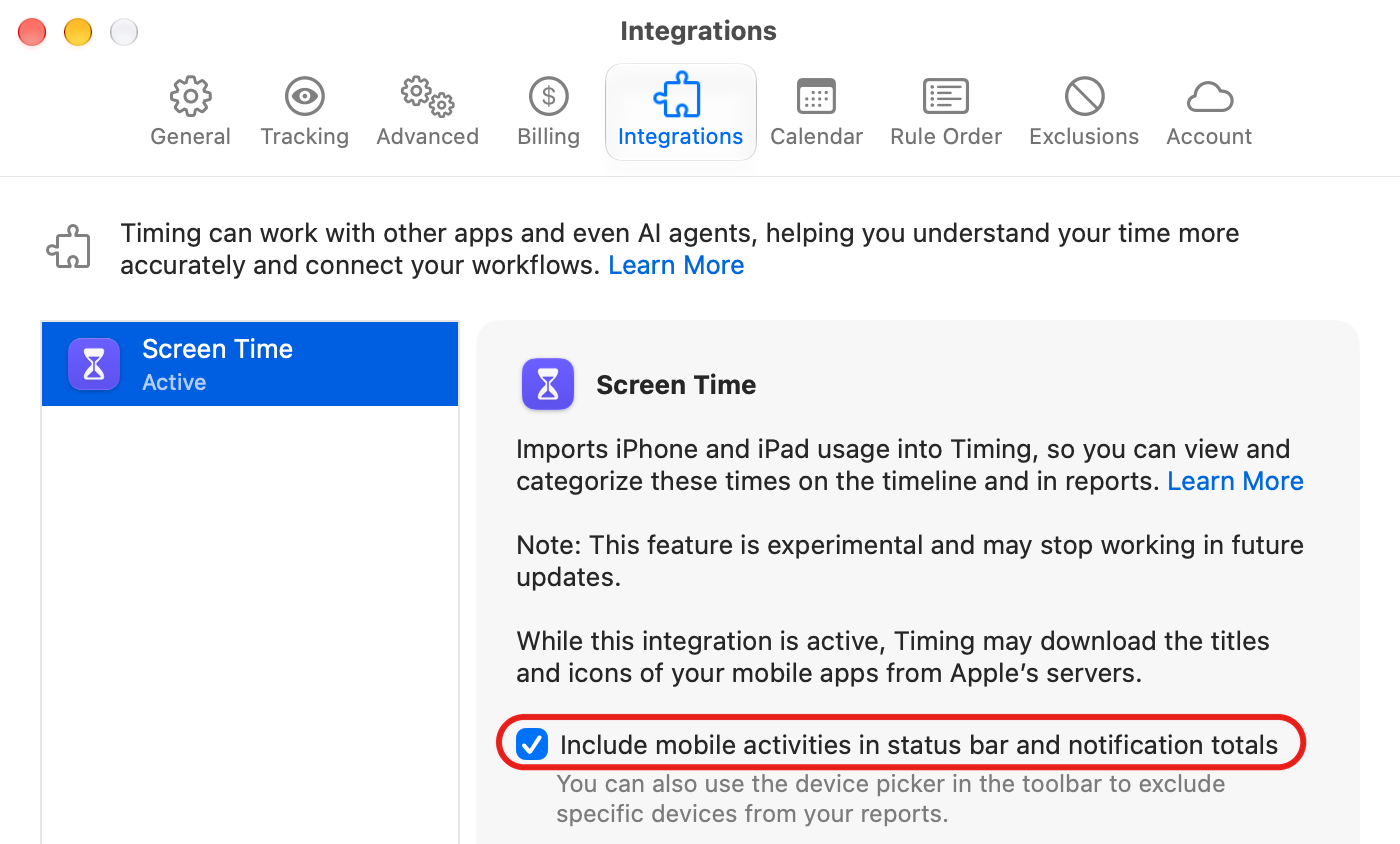 The Screen Time integration in the Integrations preferences, with Include mobile activities in status bar and notification totals highlighted