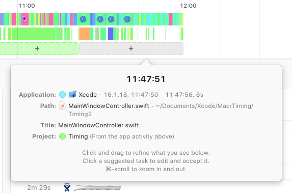 Screenshot demonstrating how Timing tracks development time spent in Xcode