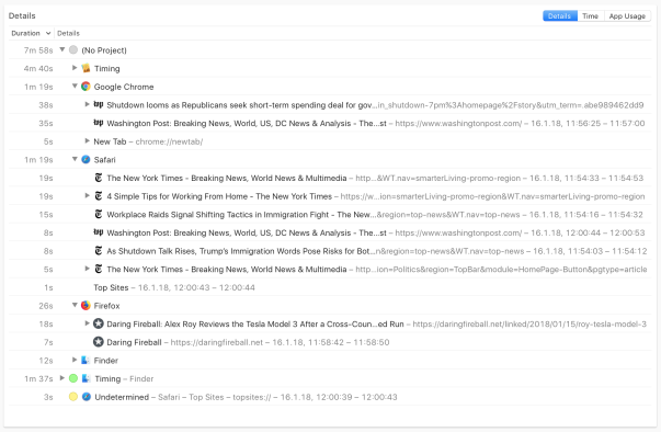 Screenshot demonstrating how Timing tracks browsing time spent on websites in a couple of web browsers