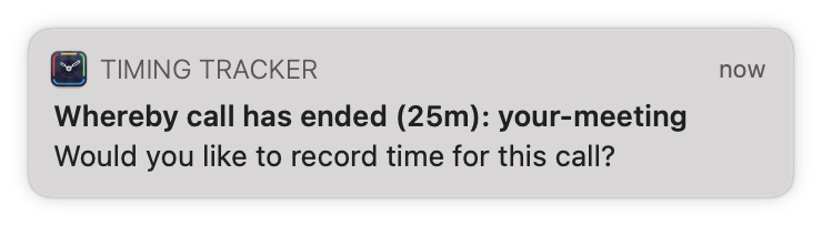 Screenshot demonstrating of a notification sent by Timing when a video call has ended