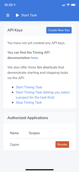In the Timing Web App, go to API Keys and tap the Start Timing Task.