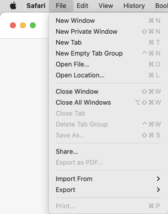Screenshot of the Safari app's File menu