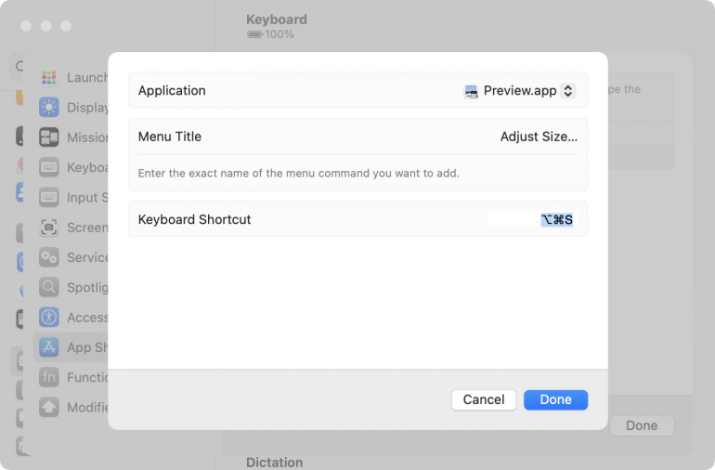 Mac System Preferences screenshot to set up a custom keyboard shortcut