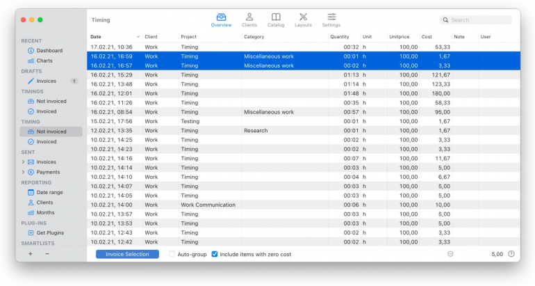 GrandTotal showing time entries tracked in Timing, ready to be invoiced